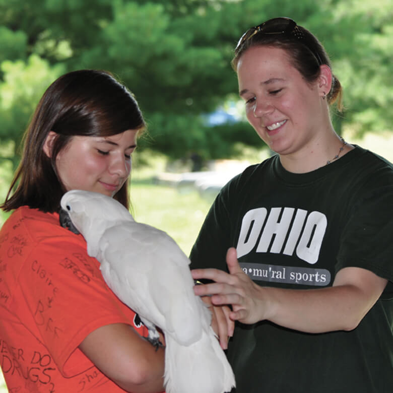 Female Big and Little interacting with a white bird