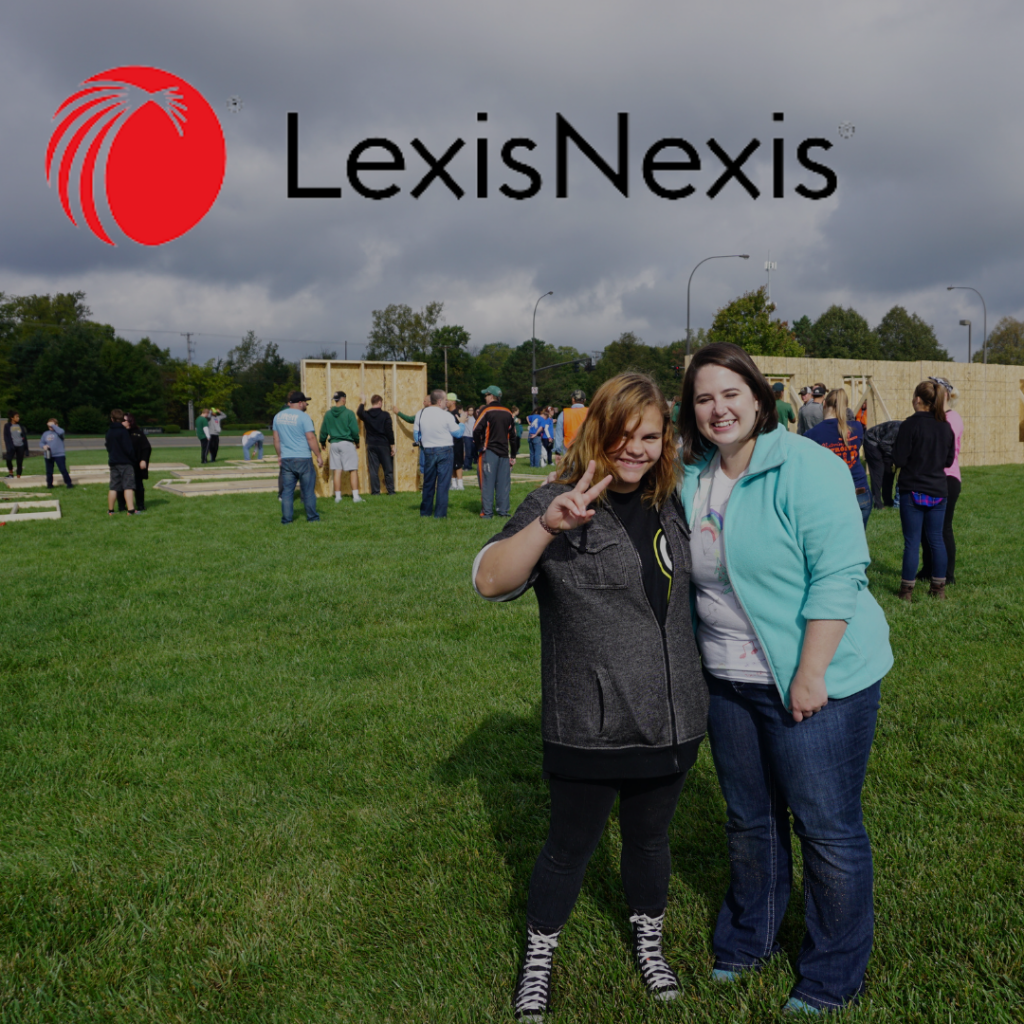 The LexisNexis logo over top of a Big Sister and Little Sister photo at Habitat for Humanity